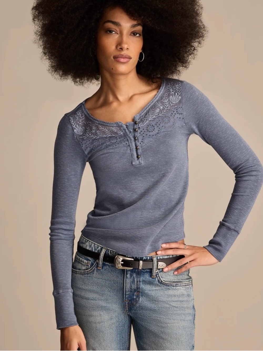 NWT Lucky Brand Lace Yoke Henley Folkstone Gray Blue Long Sleeve Shirt XXL